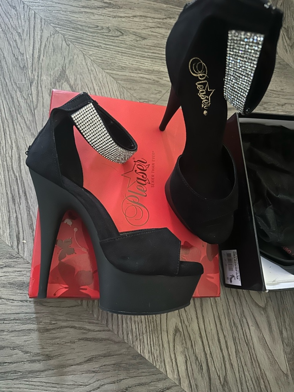 Pleaser Black Platform Heels with Rhinestone Ankle Strap